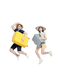full body Image of asian couple wearing travel clothes and carrying suitcase posing on
 background	
