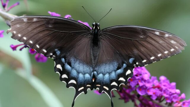 Detailed closeup of a black and blue butterfly on a purple buddleja flower with wings fully spread showing white spots and detailed wing veins.