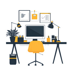 Modern Home Office Workspace Setup with Computer Desk Chair Plant Lamps