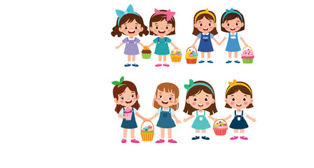 Happy Little Girls with Easter Baskets – Cute Cartoon Illustration