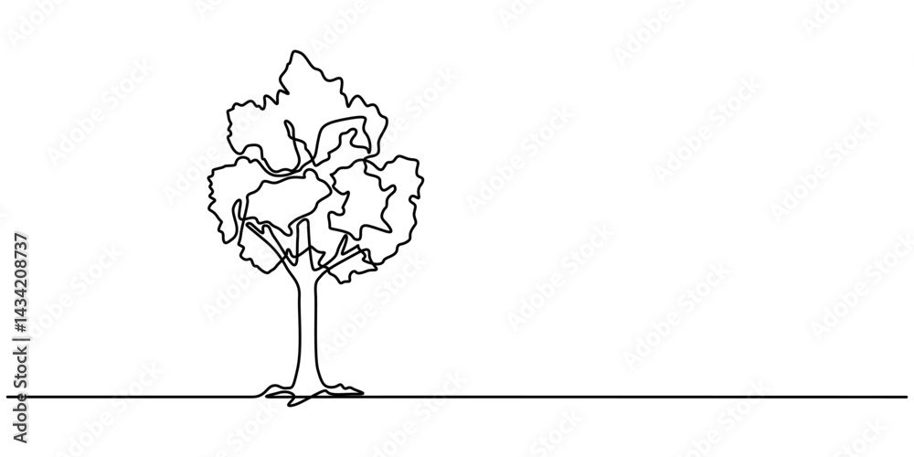 Poster Continuous one line drawing of tree on white background. Vector illustration, Tree in continuous line art drawing style. Giant and powerful tree black linear design isolated. Christmas tree one.
