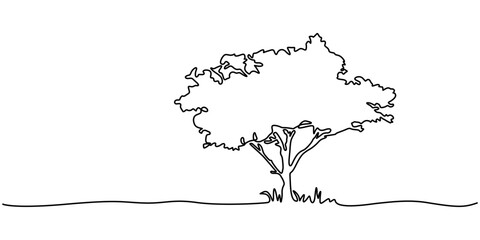 Continuous one line drawing of tree on white background. Vector illustration, Tree in continuous line art drawing style. Giant and powerful tree black linear design isolated. Christmas tree one.