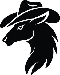 A captivating close-up portrait of a majestic black horse head adorned with a weathered cowboy hat, its soulful eyes gazing intently into the distance