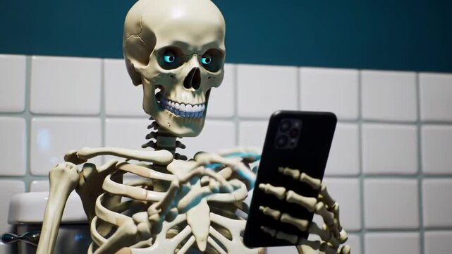 Skeleton scrolling endlessly on a phone while sitting on a toilet