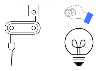 Robotic arm holding a tool, hand measuring with a compass, and light bulb represent creativity, technology, engineering, innovation, problem-solving, design and precision. Flat simple metaphor
