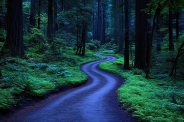 Fototapeta premium Winding path cuts through vibrant, dense forest. Tall trees loom overhead