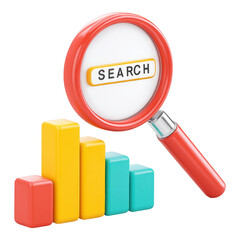 3D Cartoon Illustration of a Digital Visibility Analysis Bar Graphs & Search Engine Strategies, Isolated on Transparent Background