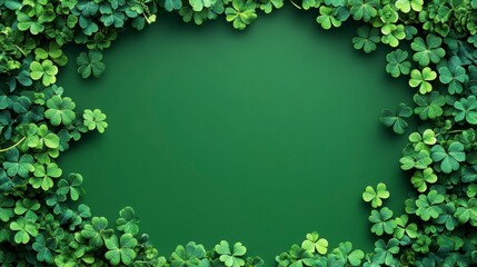 Green shamrock leaves frame on dark green background.
