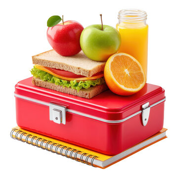 Back to School Lunchbox Delight Bright Vibrant Sandwich Fruit and Juice on Study Notebook, Isolated on Transparent Background
