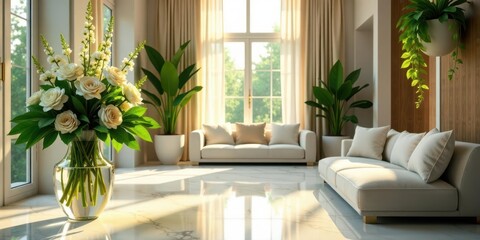 Sunlit Living Room with Elegant Floral Arrangement and Modern Sofa