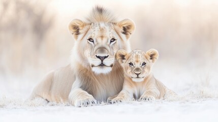 Majestic white lions, father and cub, resting in the savanna