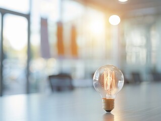 A close-up of a glowing light bulb on a table, with a bright, modern background and soft lighting, suggesting creativity and innovation.