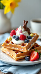Easter waffles with berries and chocolate bunny — festive dessert photography