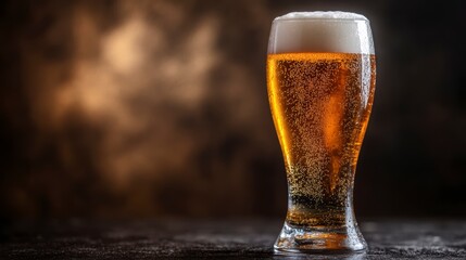 Close-up of a frosty glass of light beer with a thick head on a dark background.