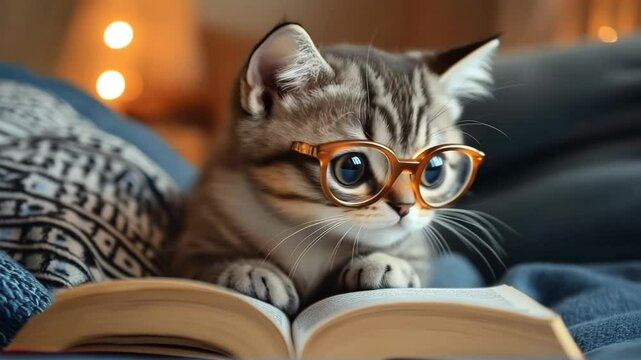 Cute Scottish Fold Kitten with Glasses Flipping Book Pages on Blanket under Warm Fairy Lights