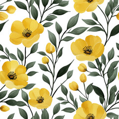 Seamless pattern Bright yellow flowers with green leaves create cheerful pattern