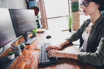 Young female programmer working at a computer desk in a casual home office environment developing...