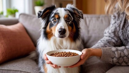 Australian Shepherd dog and female hands with bowl of dry pet food at home