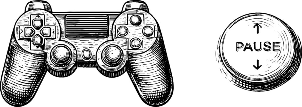 Retro gaming controller and pause button engraved art for gaming design