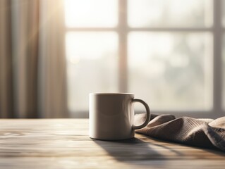 A serene morning scene featuring a white mug on a wooden table, illuminated by soft sunlight streaming through a window.