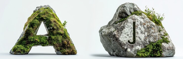 Moss-covered rock letters A and J