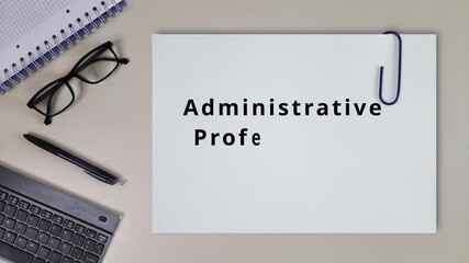 Administrative Professionals week video greeting card. Printer Paper with inscription, congratulatory text on office table with business accessories. Holiday concept. Close-up, view from above.