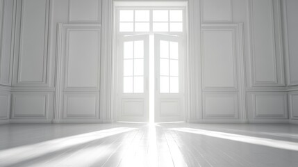 Bright sun rays illuminate an open door in a minimalist white room with paneled walls and wooden floor.