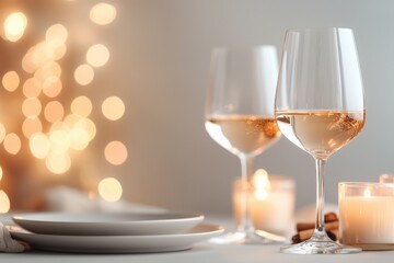 Elegant wine glasses on a table, surrounded by soft candlelight and festive bokeh, creating a warm, inviting atmosphere.