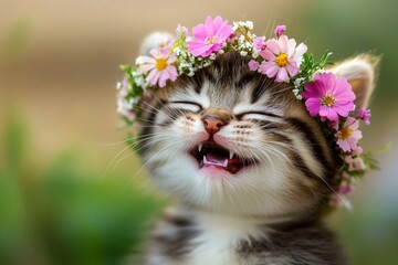 Vacation time happiness. Cute baby cat snowshoe wearing savage flower crown on its head. Golden hour in sunset. Pet&acirc;&euro;&trade;s peaceful summer happiness. Bohemian summer dream for pets.