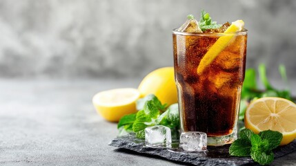Fototapeta premium Refreshing iced cola with lemon slice, mint leaves, and ice cubes on stone tray with copy space. Ideal for summer beverage ads, menus, or drink promotions