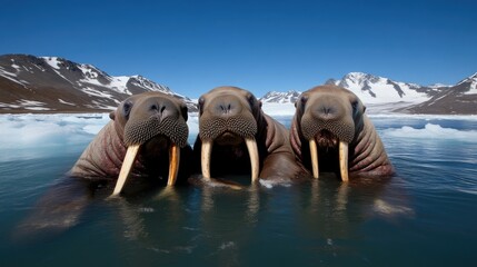 Three walruses in arctic waters.  Three walruses, with prominent tusks, rest in icy water, facing the camera.  Snowy mountains and a clear sky are visible in the background
