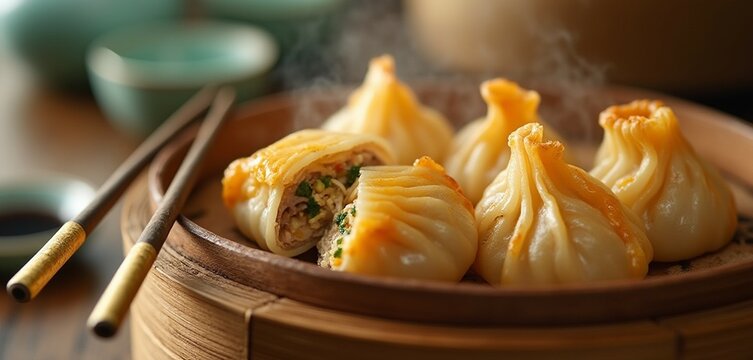 Golden Korean mandu dumplings in bamboo steamer