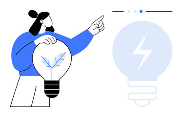 Woman holding a light bulb with a plant inside symbolizing sustainability, pointing at innovation ideas. Ideal for energy, ecology, technology, growth, creativity, education, simple landing page