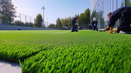 Workers installing an advanced irrigation system under a football field to maintain optimal grass conditions,Workers installing protective fences and benches around a newly constructed basketball cour