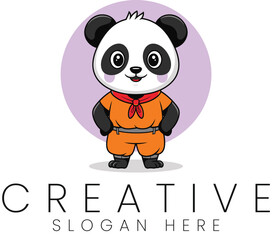 Adorable Panda Mascot Logo Design Orange Outfit kid fun red cute icon baby flat child     