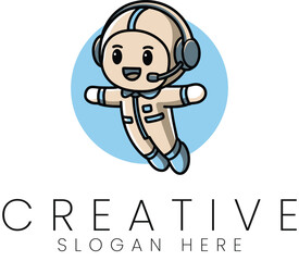 Cute Astronaut Cartoon Character Design Spaceman Logo fun icon blue flat stars happy image
