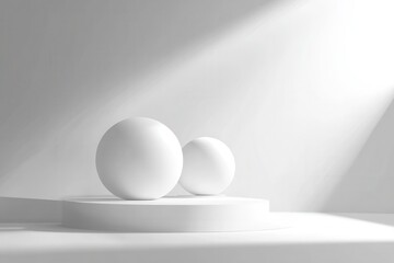 Two white spheres on a white platform with a single beam of light