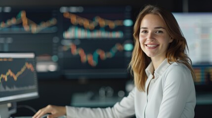 A professional woman smiles while working on a computer, surrounded by financial graphs and data, conveying a sense of confidence and expertise in her field.