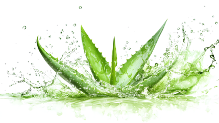 Aloe vera plant, vibrant green leaves, water splash, transparent liquid, white background