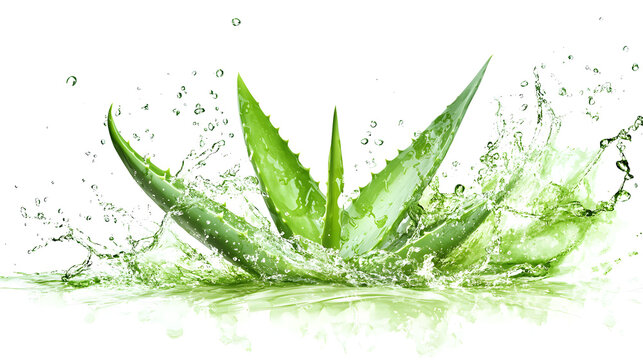 Aloe vera plant, vibrant green leaves, water splash, transparent liquid, white background - Powered by Adobe