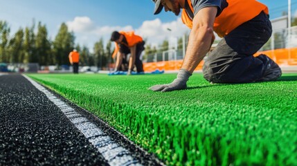 Workers installing an advanced irrigation system under a football field to maintain optimal grass conditions,Workers installing protective fences and benches around a newly constructed basketball cour