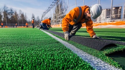 Workers installing an advanced irrigation system under a football field to maintain optimal grass conditions,Workers installing protective fences and benches around a newly constructed basketball cour