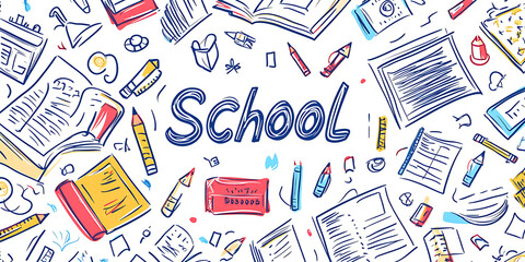 Doodle school icons pattern, seamless vector illustration of elements such as laptop, books, and pencils, the word "school" floating in between, color palette on a white background.