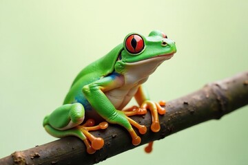 Obraz premium Green tree frog perched on white, vibrant skin , nature photography, science, exotic