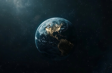Fototapeta premium Earth from space, glowing lights on the horizon of the Earth, hyper-realistic, wide shot, cinematic, dark sky.