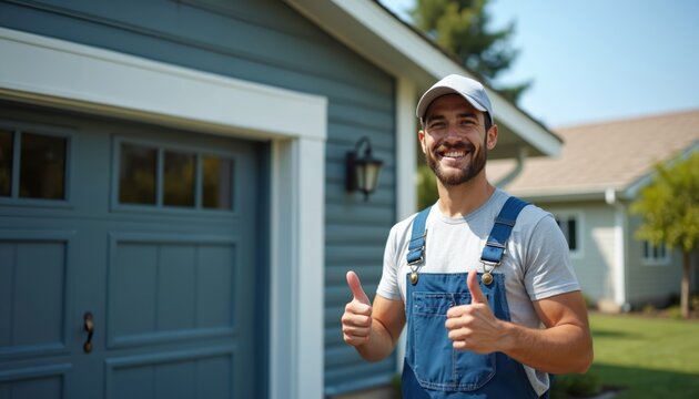 Smiling handyman gives thumbs up gesture, standing front residential garage. Happy repairman, construction worker, contractor shows approval for successful project, service. House exterior, home