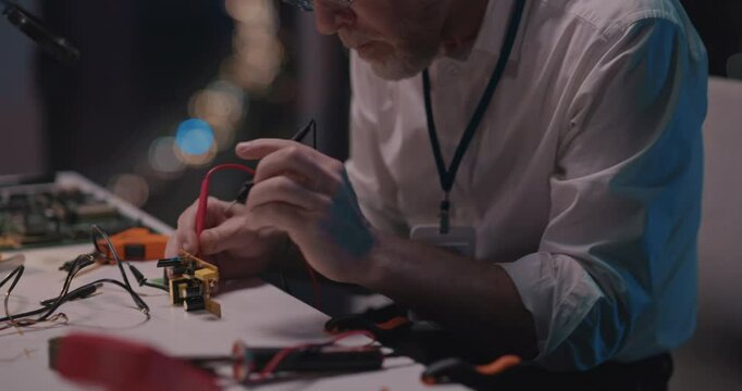 Old Professional Repairman Bearded Pensioner Soldering and Fixing Microship Motherboard Ironing Material Working Late at Office.