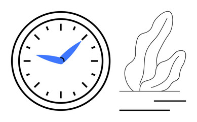 Classic analog clock with bold blue hands paired with flowing abstract plant design. Ideal for time management, minimal decor, productivity, organization, modern themes, creative concepts, simple