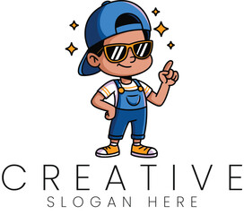 Cool Kid Cartoon Character Design Creative Logo Idea boy fun hat cap cute icon child happy