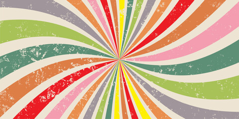 Retro sunburst background with wavy radial lines warm vintage colors like orange, cream, yellow,and beige on a white base, 1970s psychedelic style,clean vector grunge look,centered burst flat design		